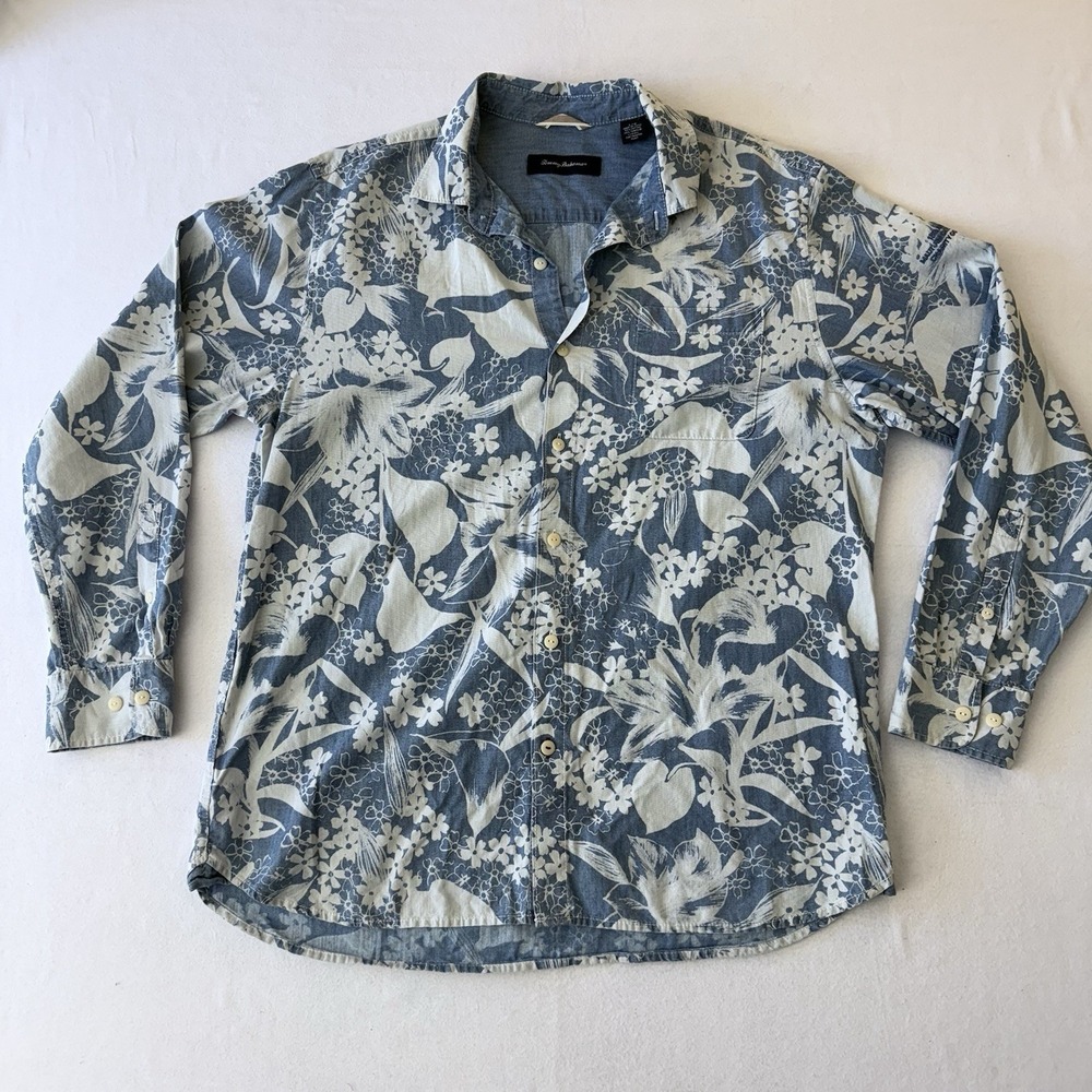 Tommy Bahama Mens Large Blue White Tropical Floral Cotton Button Down Shirt